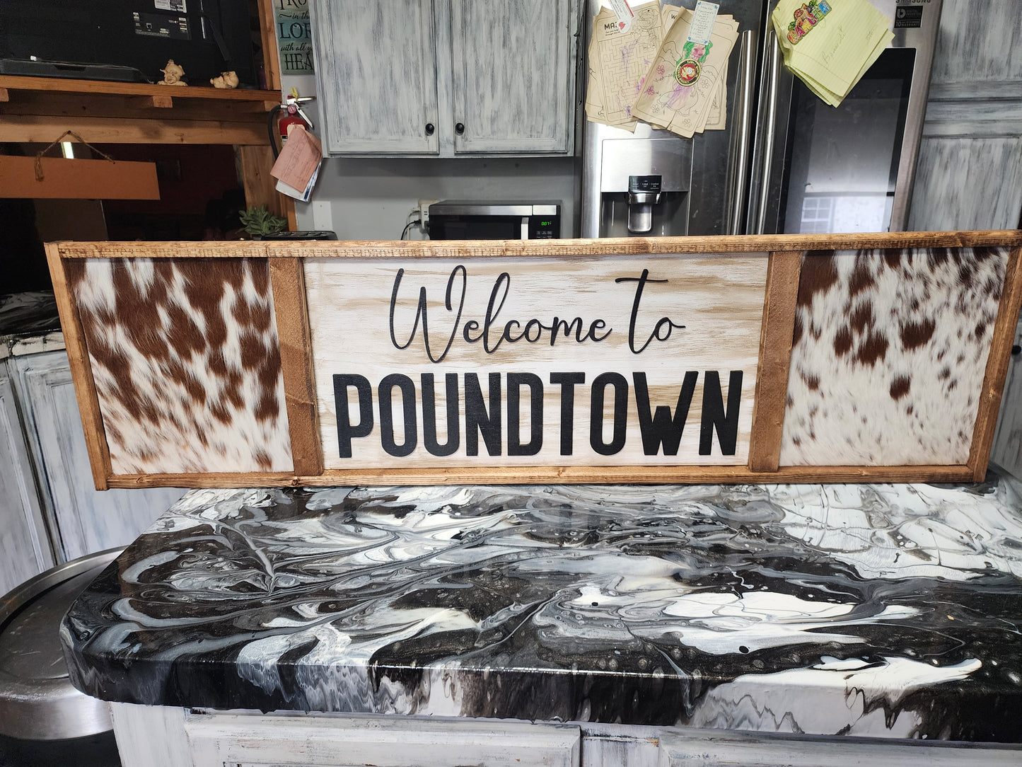 4ft Welcome to POUNDTOWN sign with cowhide